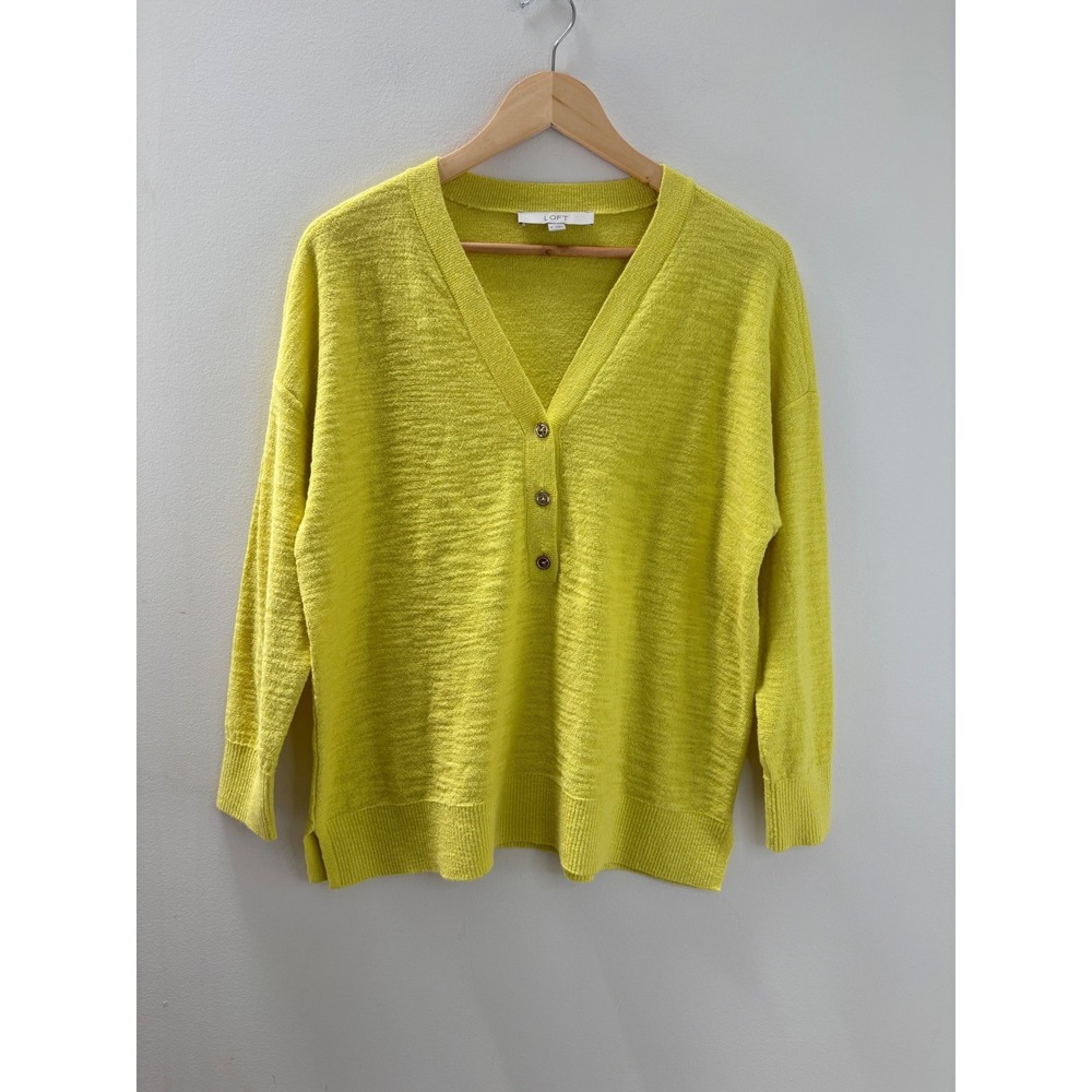 LOFT Chartreuse Yellow Slub Knit Henley V-Neck Sweater Womens Medium RN140923